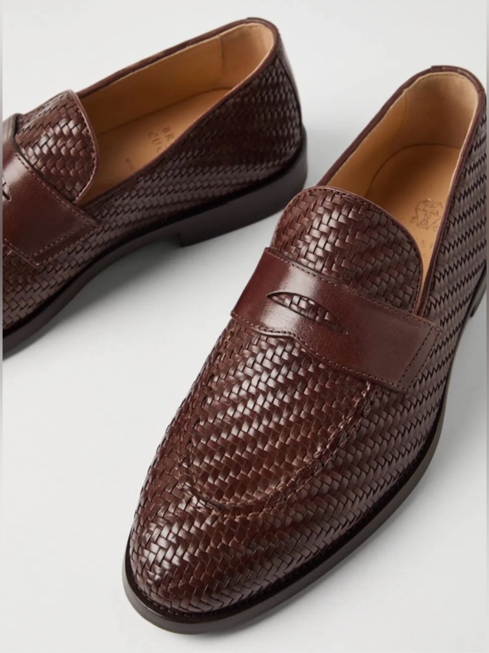 Brunello Cucinelli Woven Leather Penny Loafers in Dark Brown